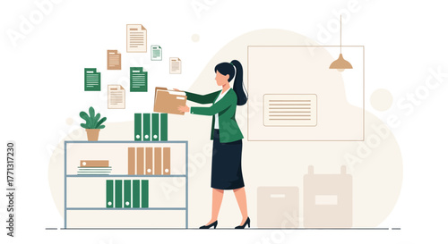 Businesswoman Organizes Files In An Office Setting Showing Productivity and Efficiency