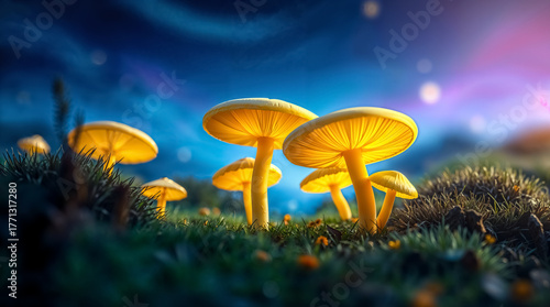 Wallpaper Mural Vibrant Yellow Mushrooms Against Twilight Sky with Dreamy Bokeh and Lush Green Moss
 Torontodigital.ca