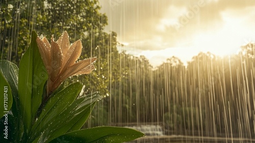 Radiant golden light shining through refreshing rain on a vibrant tropical plant in a lush forest