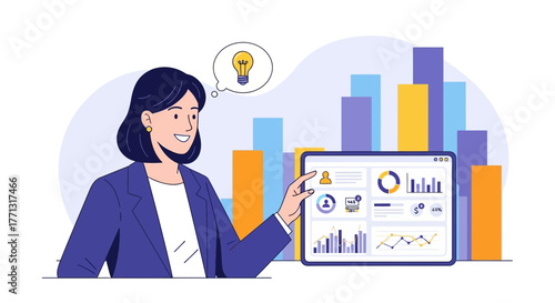 Businesswoman Presenting Data Analysis and Insightful Strategy on Digital Display