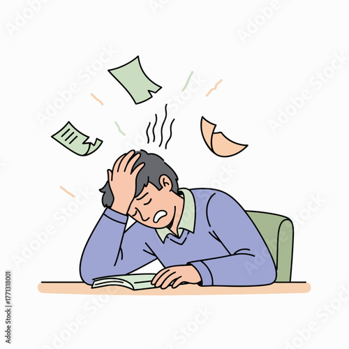 Stressed student or employee feeling overwhelmed with paperwork