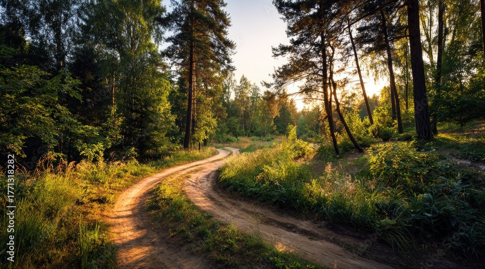 Obraz premium Sunlit forest path winding through lush greenery