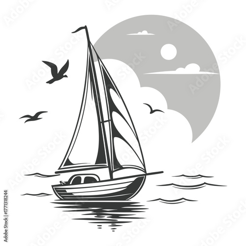 Monochrome Sailboat: A serene ocean voyage with birds and sun.

