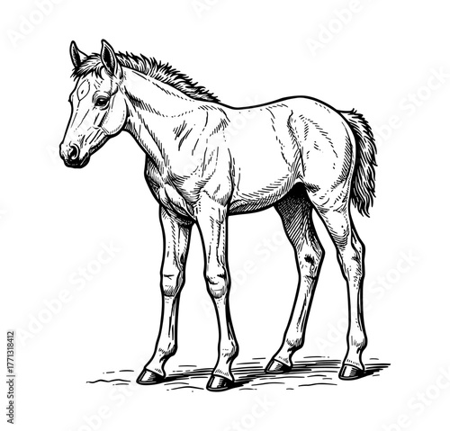 Foal standing against white background