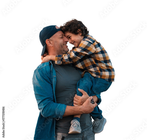 A joyful father and son embrace against transparent  background, sharing smiles
