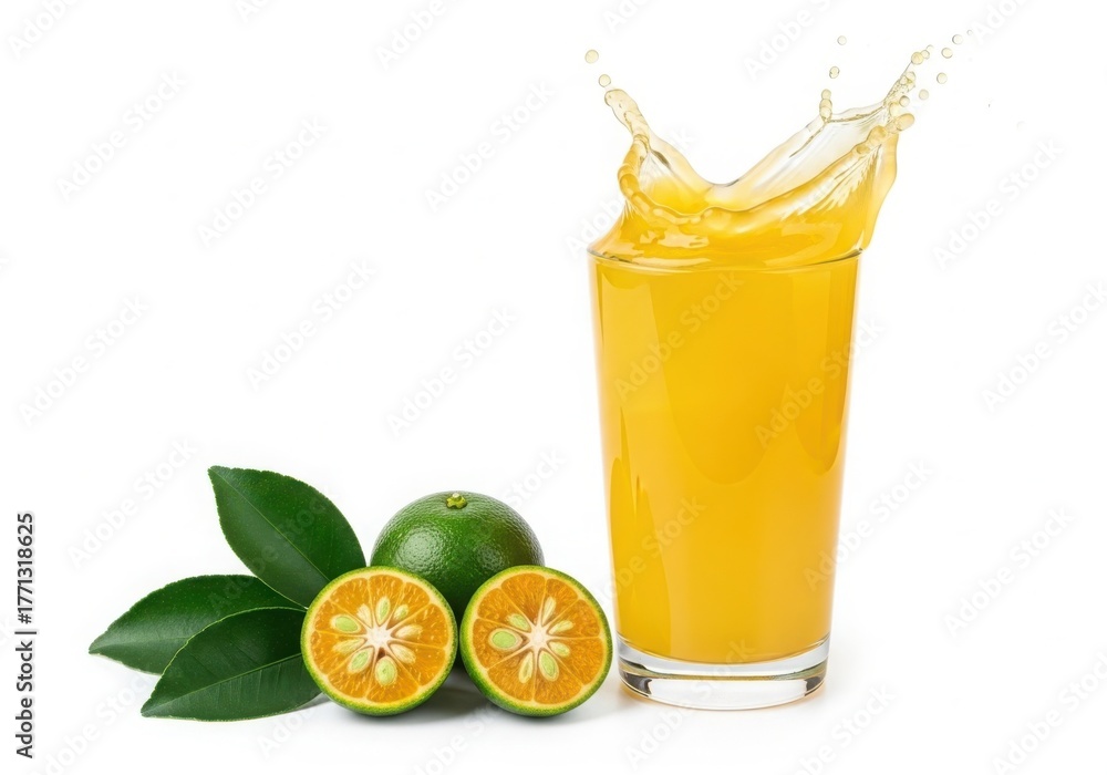Fototapeta premium Refreshing orange juice splash with fresh citrus fruits and leaves
