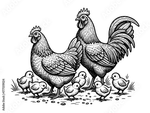 Chicken family with rooster and chicks against white background