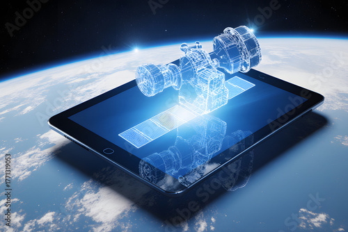 Wallpaper Mural Futuristic digital tablet displays holographic satellite model above Earth Torontodigital.ca
