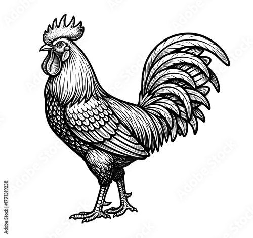 Rooster in line art style in black and white