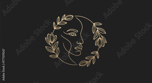 Elegant gold line art of a womans face in a floral wreath.