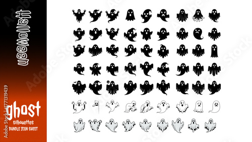 Flat vector icon sheet of spooky ghost silhouettes in various poses. Perfect for Halloween designs, posters, decorations, and clipart. Isolated on white background.