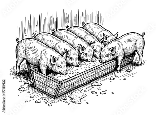 Pigs eating from trough against barn background