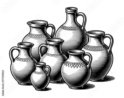 Ceramic jugs in line art style in black and white