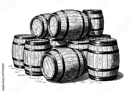 Wooden barrels in line art style in black and white