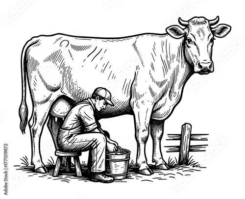 Man milking cow against white background