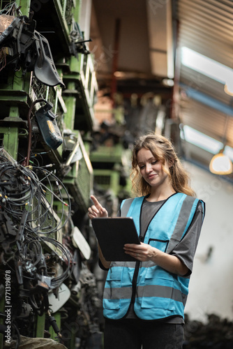 Portrait Caucasian woman engineer or mechanic use tablet computer checking auto part or car part at car part warehouse	