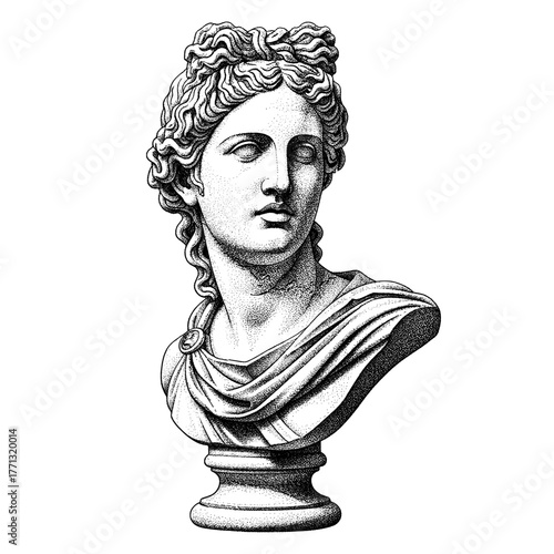 Classical bust sculpture in stipple style with black and white colors