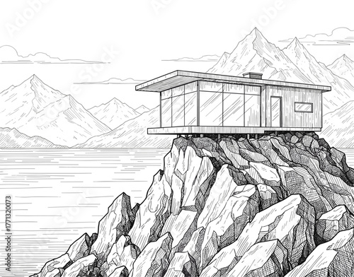 Modern house on cliff with mountains in black and white style