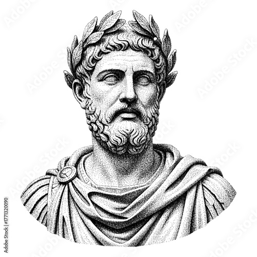 Bust of Roman emperor with laurel wreath in stipple style with black and white colors