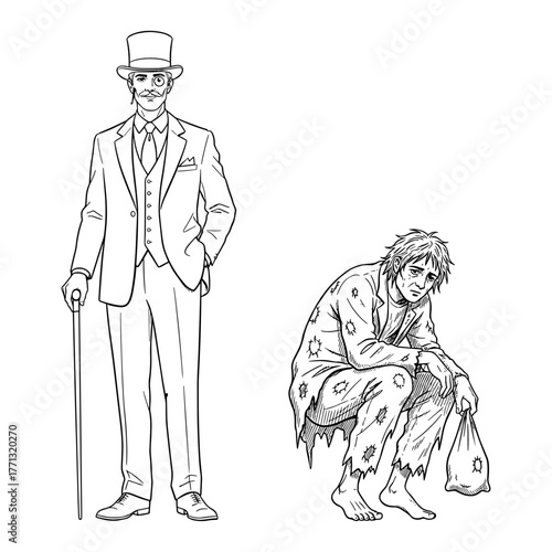 Rich versus poor man comparison illustration in black and white line drawing style