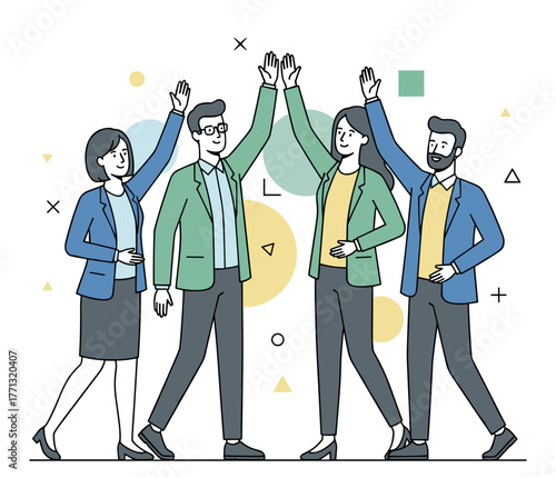 Team high five flat illustration against abstract modern background