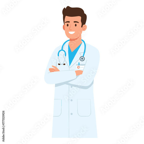 Doctor in white coat in cartoon flat syle against white background