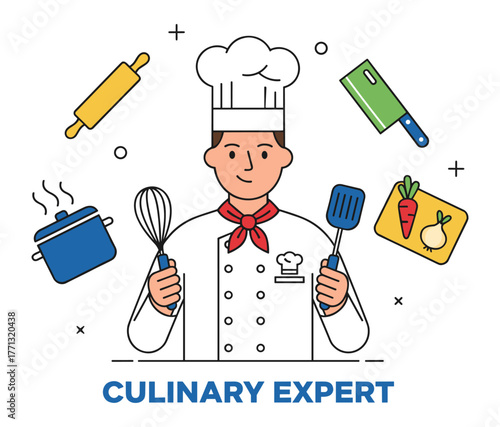 Chef with Cooking Tools in Cartoon Flat Style against White Background