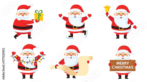 Cartoon Santa Claus Set – 6 Festive Poses with Gifts, Lights, Scroll, Bell, and Merry Christmas Sign – Playful Holiday Illustrations for Cards, Decorations, and Seasonal Designs