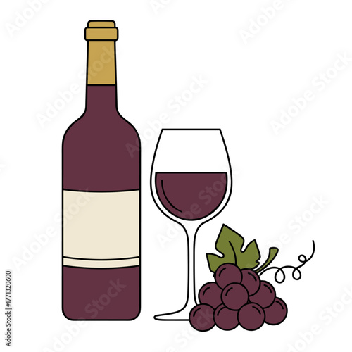 Wine bottle, glass, and grapes in minimalist flat style in deep reds