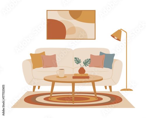 Modern living room illustration in flat cozy style in warm neutrals