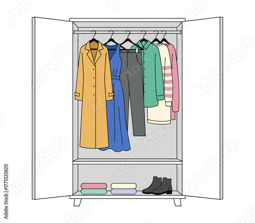 Open wardrobe illustration in flat style in pastel colors