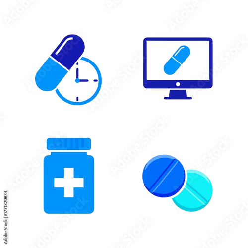 Blue healthcare and pharmacy icon collection with symbols for medication timing, e-pharmacy, and drug dosage