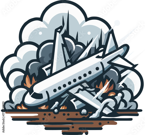 Airplane Crash Explosion Vector Illustration with Smoke, Fire, Broken Aircraft, Cartoon Disaster Scene