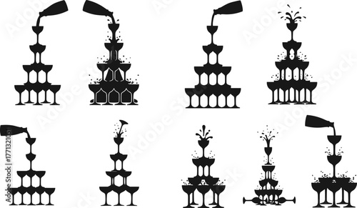 Champagne tower silhouette illustrations, black and white celebration vector art, cascading glass pyramids with pouring bottle designs
