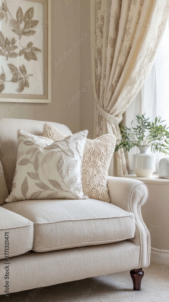 Fototapeta premium relaxing cottage corner, soft beige loveseat, crochet pillow, embroidered curtain, framed panel with leaf motif, warm soft light