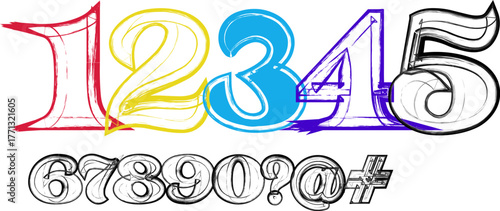 Colorful hand drawn brush stroke numbers and symbols on white backdrop