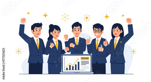 Corporate Team Celebrating Achievement and Success Standing Together with Uplifted Arms