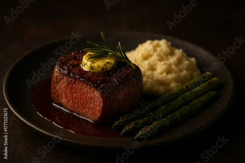 Gourmet Filet Mignon Steak with Herb Butter, Mashed Potatoes, and Roasted Asparagus on Black Plate, Fine Dining Presentation
