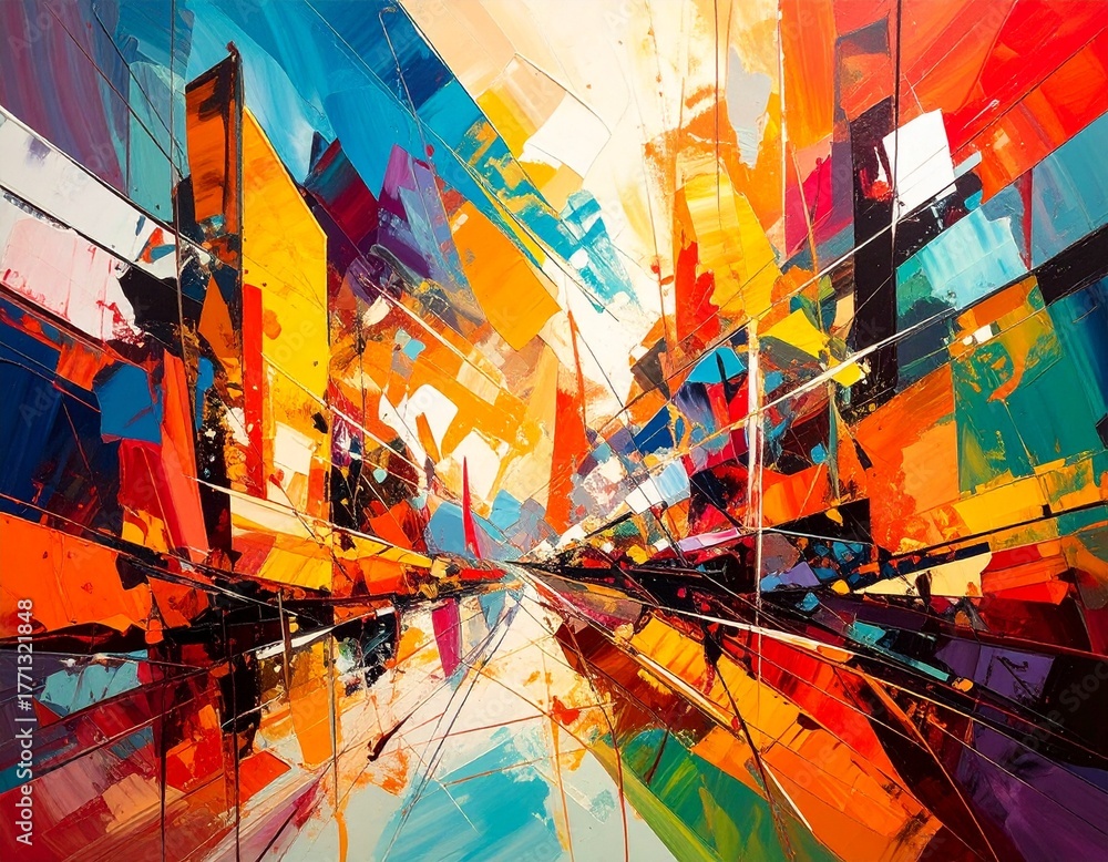 Obraz premium Vibrant Urban Abstraction A Dynamic Canvas of City Life, where Fragmented Architecture and Bold Colors Fuse to Capture the Energetic Pulse of a Modern Metropolis