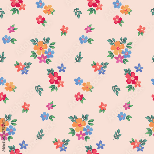 Seamless floral pattern, cute botanical design of mini hand-drawn daisies. Liberty ditsy print of small multicolored flowers, buds, tiny leaves, simple bouquets in a retro motif. Vector illustration.