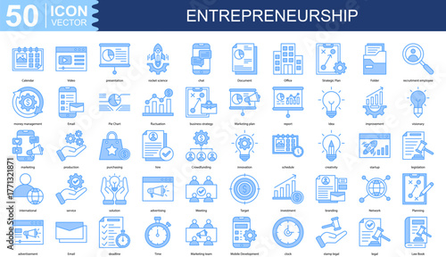 ENTREPRENEURSHIP icon collection set. Containing Office, Strategic Plan, Folder, recruitment employee, money management icon. Simple line vector