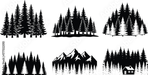 Forest silhouette illustrations, black and white pine tree vector art, mountain and cabin scenes, peaceful nature landscape compositions