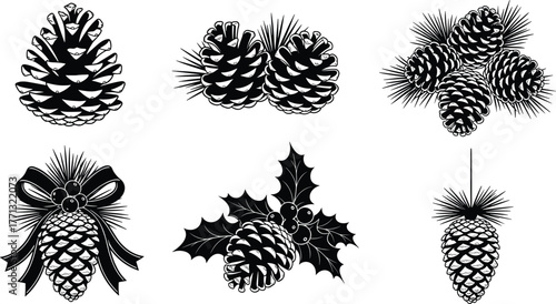 Holiday pinecone decorations, black and white festive vector art, winter botanical elements, pine needles, berries, seasonal ornament illustrations