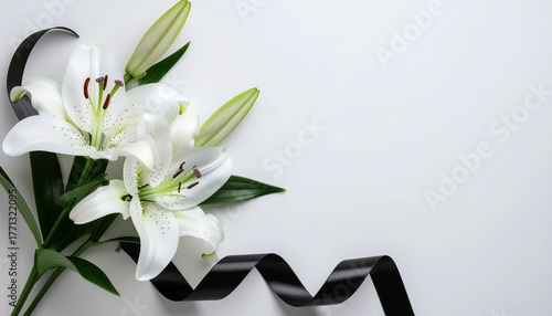 Beautiful lily flowers with funeral ribbon on white background.