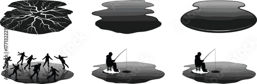Ice surface variations and winter activities, cracked and smooth ice textures, ice fishing and dancing scenes, black and white vector art