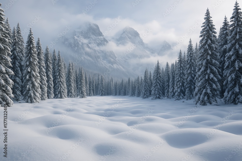 Fototapeta premium Snow-covered winter forest and mountain landscape with tall pine trees under cloudy sky in frosty wilderness scene. Ai generative. Ai generative