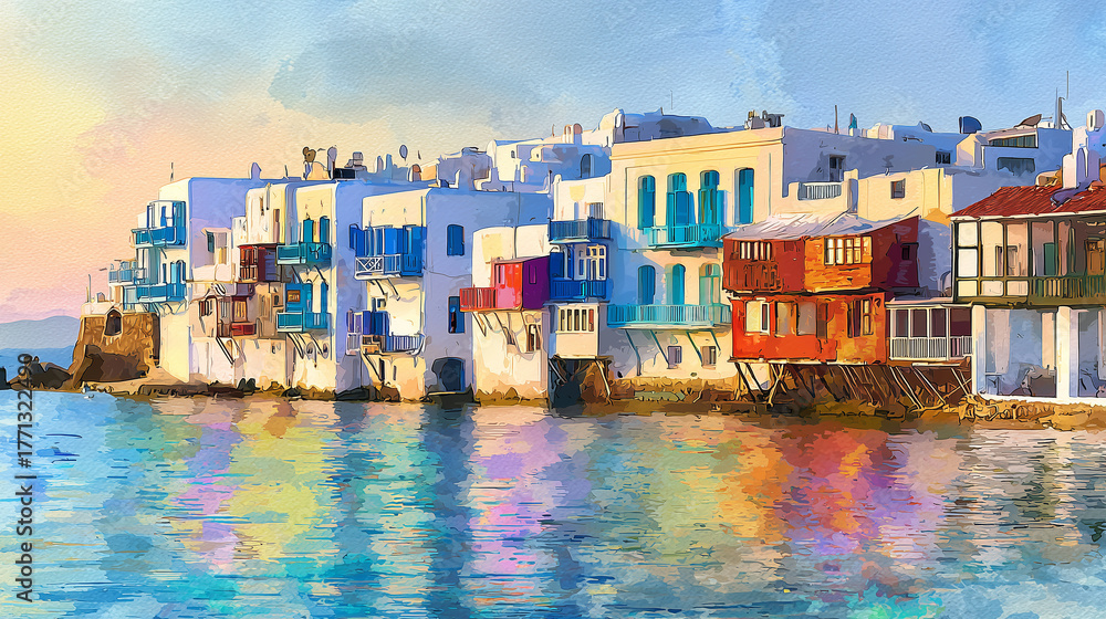 Obraz premium watercolor style illustration, elegant soft pastel colors, Cityscape of Myconos, Greek island, attractive touristic advertisement poster, beautiful touristic must-see destination. Beautiful tourist de