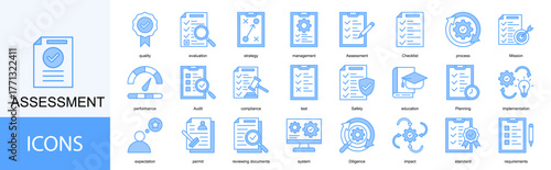 assessment icon collection set. Containing quality, evaluation, strategy, management, process, Mission icon. Simple line vector