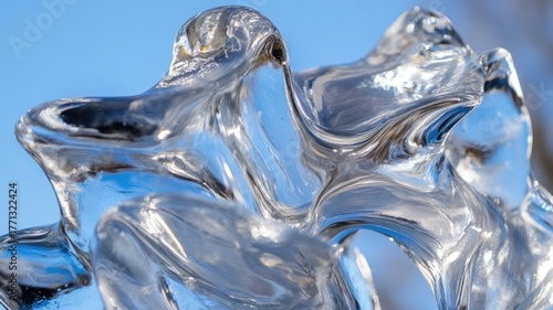 Unique abstract ice formation captures the beauty of winter light and intricate textures