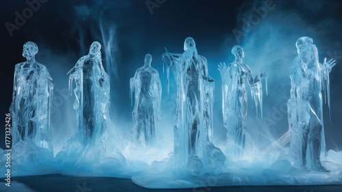 Creative ice sculptures of human figures surrounded by fog in an art exhibition